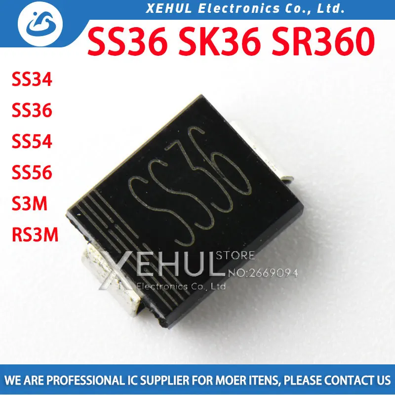 Диод Шоттки SS34 SS36 SS54 SS56 S3M RS3M 1N5822 SR360 1N5824 SR560 1N5408 FR307 SMC, 10 шт.