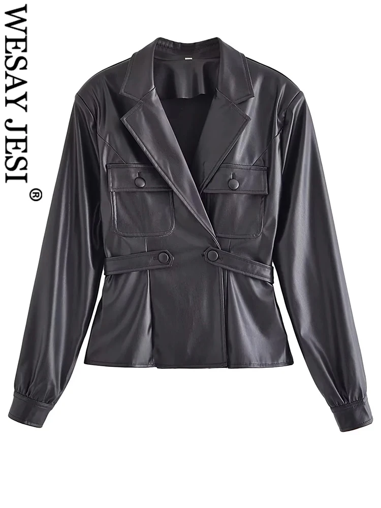 

WESAY JESI New Elegant Trend Premium Long Sleeve Women's Winter Coat Pure Black Fashion Soft Leather Belt Waist Slim Ladies Coat