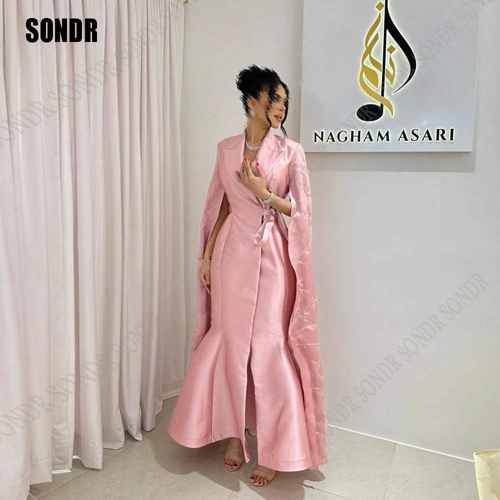 

SONDR Pink Satin Sequined Evening Dresses V Neck Cape Sleeves Split Prom Gowns Formal Party Dress Mermaid Vestdo de fiesta
