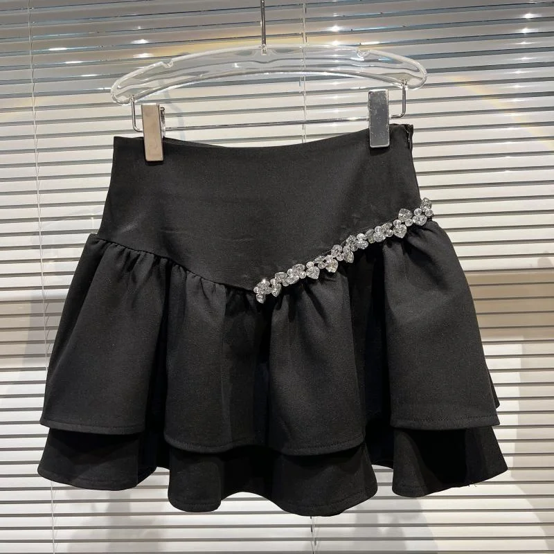 

High Waist Diamond Bead Ruffle Mini Skirt Black Summer Women Short Skirts