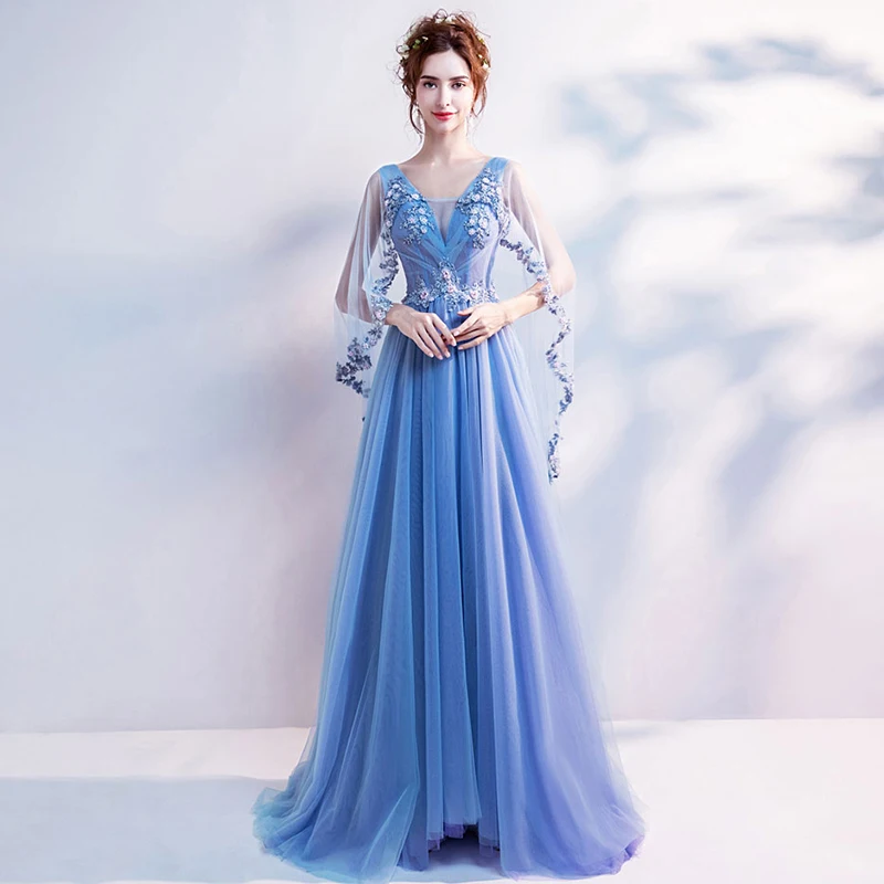 

Evening Dress Sexy Deep V-Neck Half Sleeves Appliques Floor-Length A-Line Backless Tulle New Plus Size Women Formal Gowns TS030