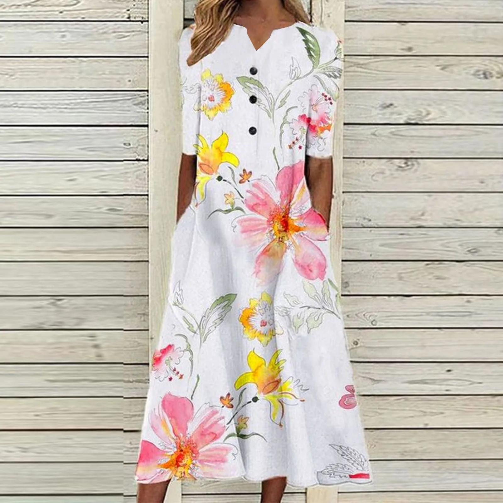 

Summer Boho Floral Maxi Dress Women Sexy V-neck Button Casual Loose Printed Dresses 2022 Fashion Ruffles Woman Sundress