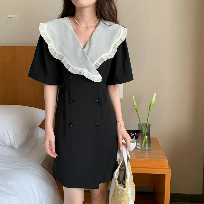 

2022 Summer Women Short Sleeve Dress Frill Collar Street Wear Korean Design Waisr Back One Piece Jumpsuit Cotton