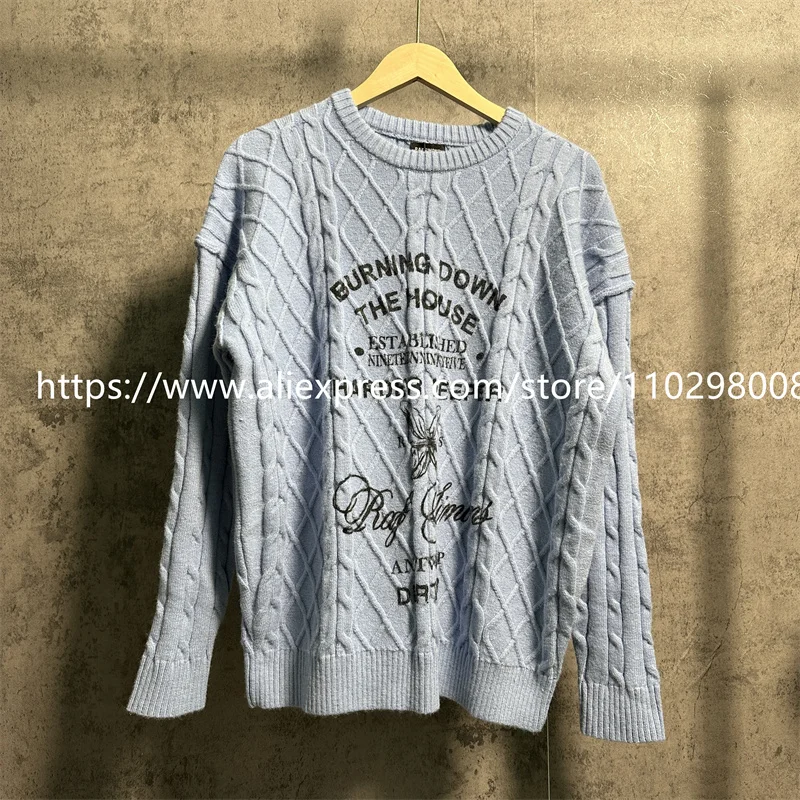 

Men Women high Quality Knit Sweatshirts Pullover Blue RAF SIMONS Jacquard Butterfly Round Sweater