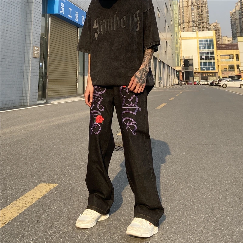 2022 New Fashion Rose Embroidery Black Baggy Jeans For Men Y2K Pants Straight Hip Hop Harajuku Denim Trousers Pantalones Hombre