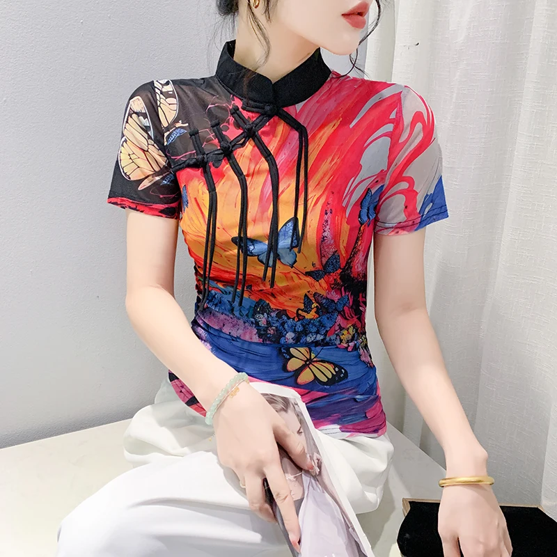 Новинка 2024 женская футболка в китайском стиле летняя с принтом виде природного