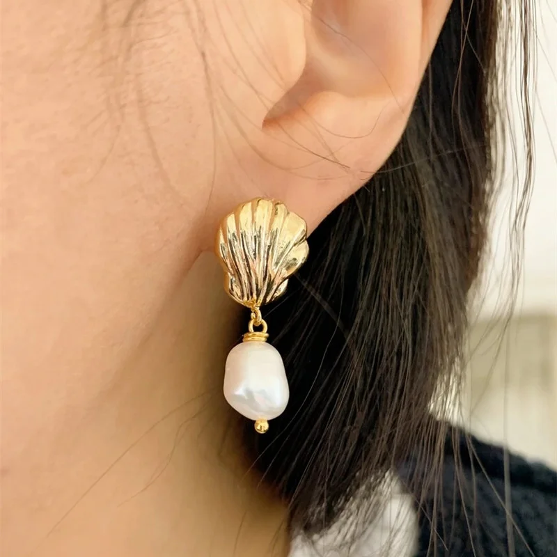 

Stylish 18K Gold Filled Shell Hanging Faux Pearl Hook Drop Earrings