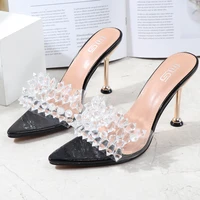 2022 women 9 5cm high heels mules stiletto slides female glossy thin heels slippers summer crystal glitter platform fetish shoes