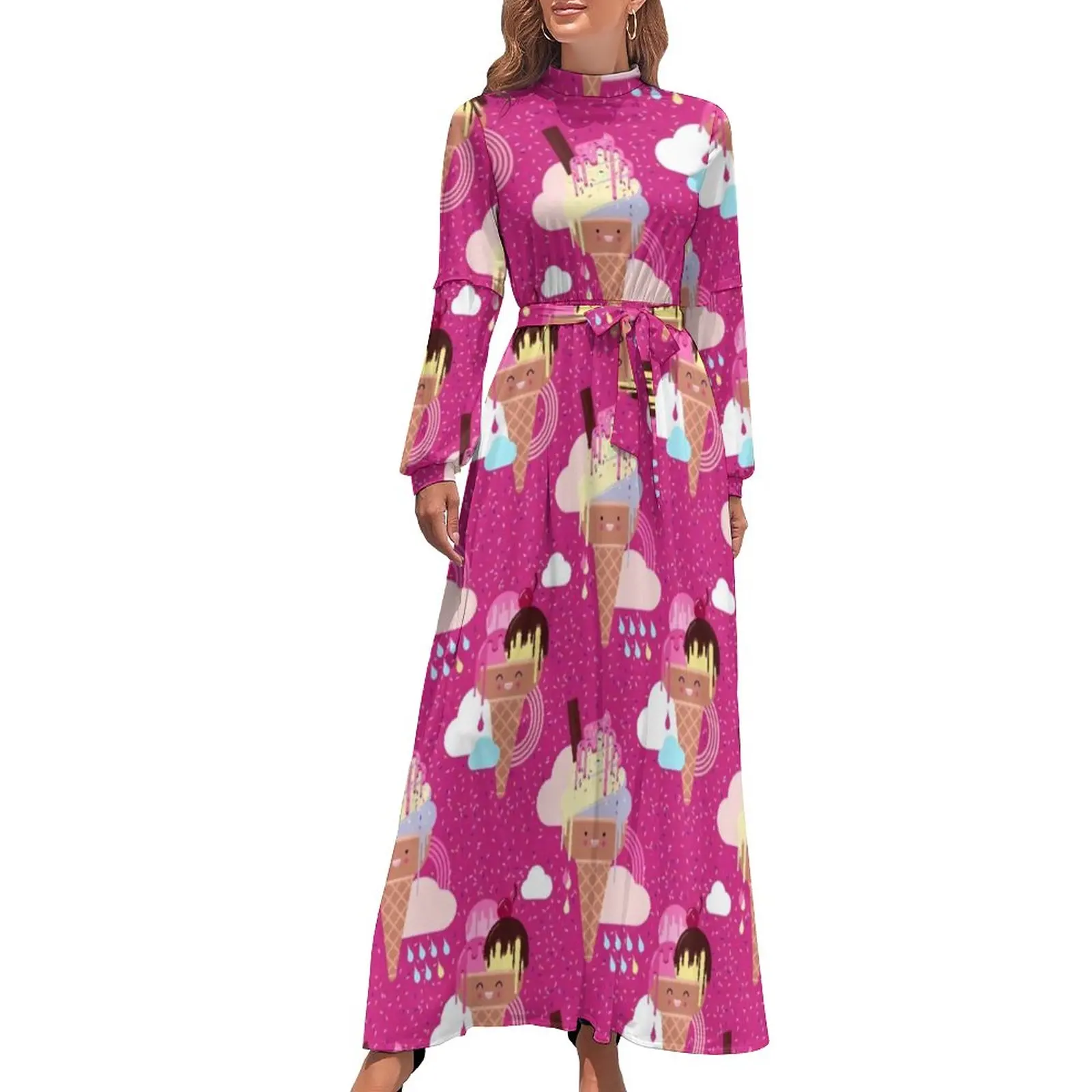 

Ice Cream Pattern Dress Sweet Lolly Print Cute Graphic Maxi Dress High Neck Long Sleeve Aesthetic Boho Beach Long Dresses