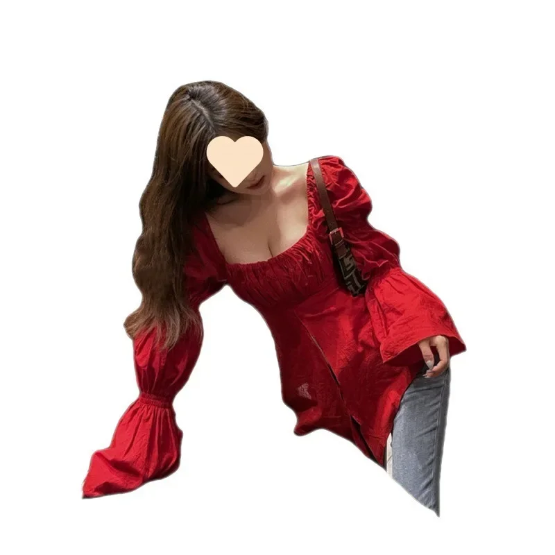 Красная сексуальная блузка в корейском стиле женская шикарная дизайнерская