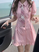 houzhou pink kawaii dress women preppy style sweet cute summer shirt dresses polo collar ruffles korean fashion high street