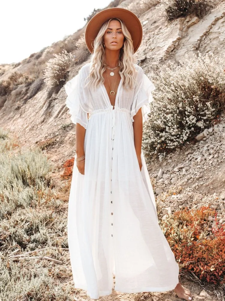 

Sexy Beach Dress Solid Color Drawstring Bikini Cover Up Bamboo Cotton Sunscreen Shirt Spring Summer Women Clothing Swimwears RU