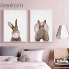 Картины с изображением кролика, плакат с жевательной резинкой, розовые пузырьки, искусство, картина, настенные картины в скандинавском стиле, украшение для комнаты девочки