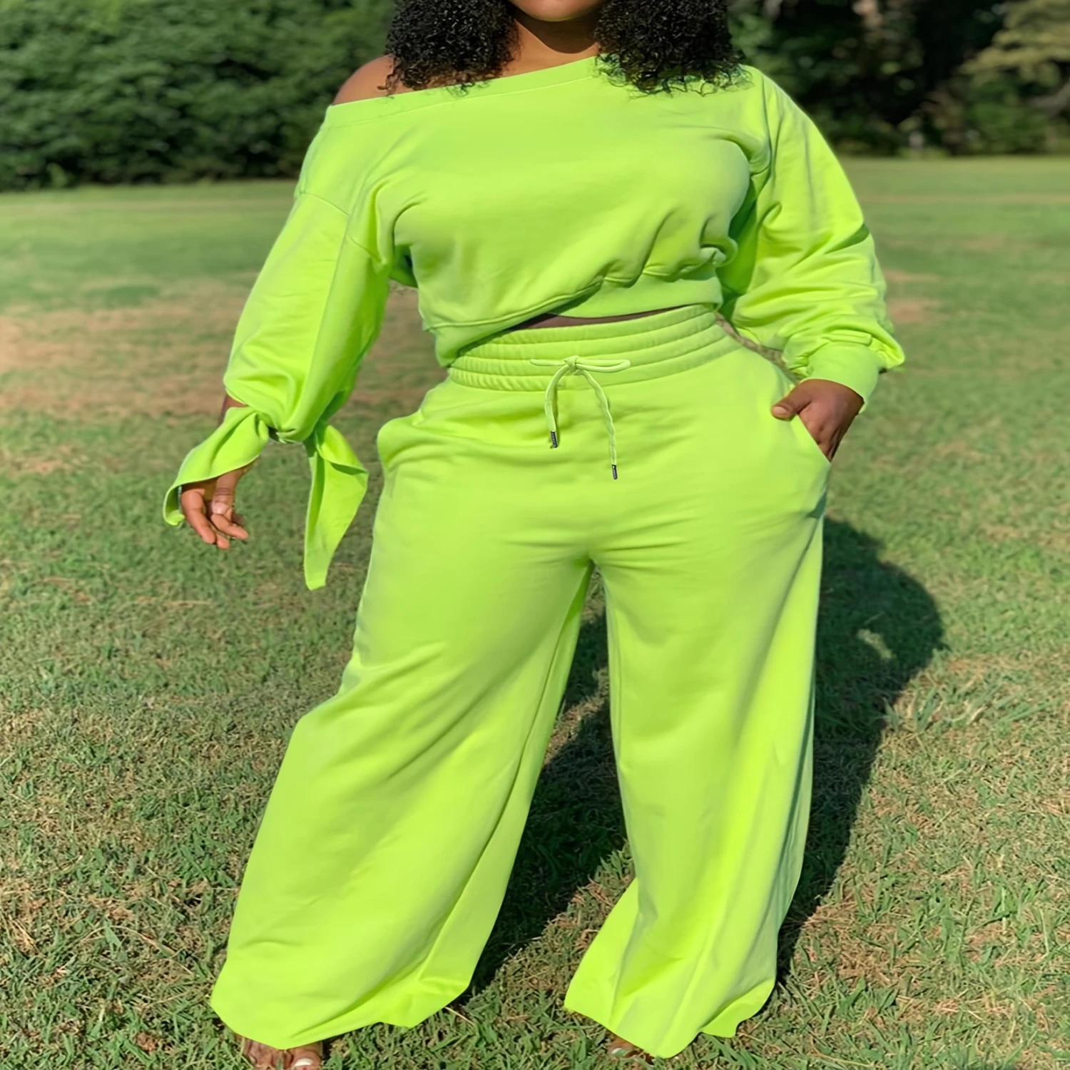 Однотонный повседневный комплект из двух предметов топы с длинными рукавами