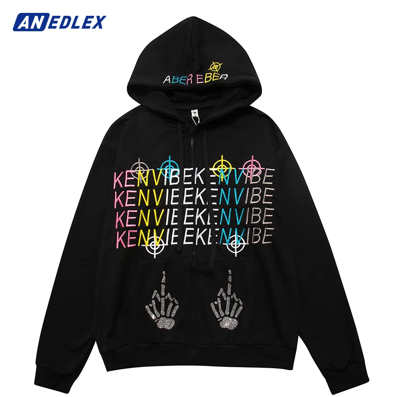 

2022 MenHip Hop Streetwear Loose Hooded Jacket Embroidered Letter Skull Hands Jacket Coat Harajuku Cotton Jacket Winter Outwear
