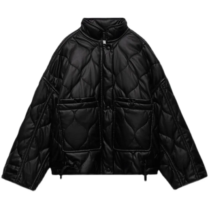 Ladies 2022 Winter PU New Women's Commuter Collar Zipper Cotton-padded Jacket Coat Women