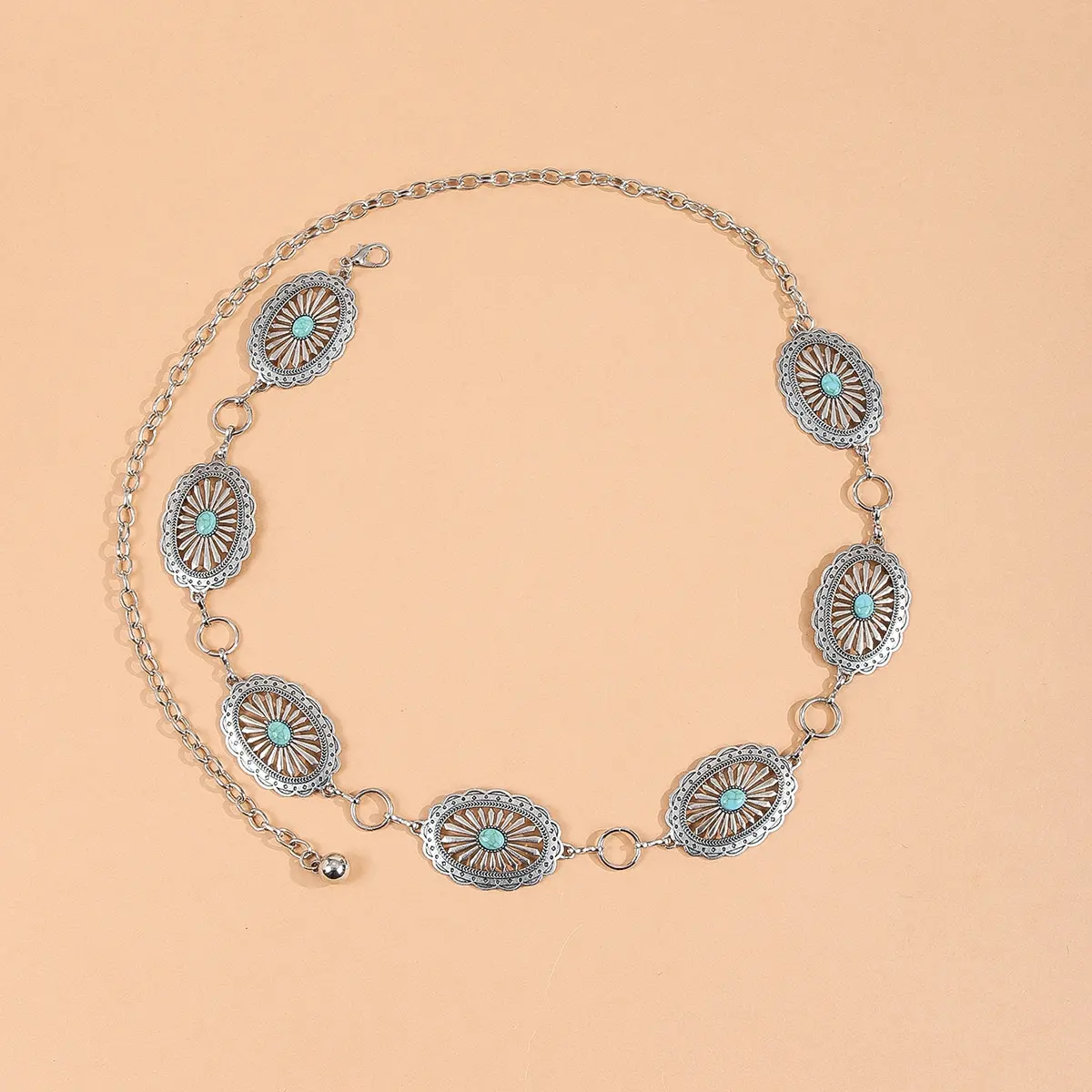 Fashion Geometric Alloy Conchos Turquoise Decor Chain Belts for Women