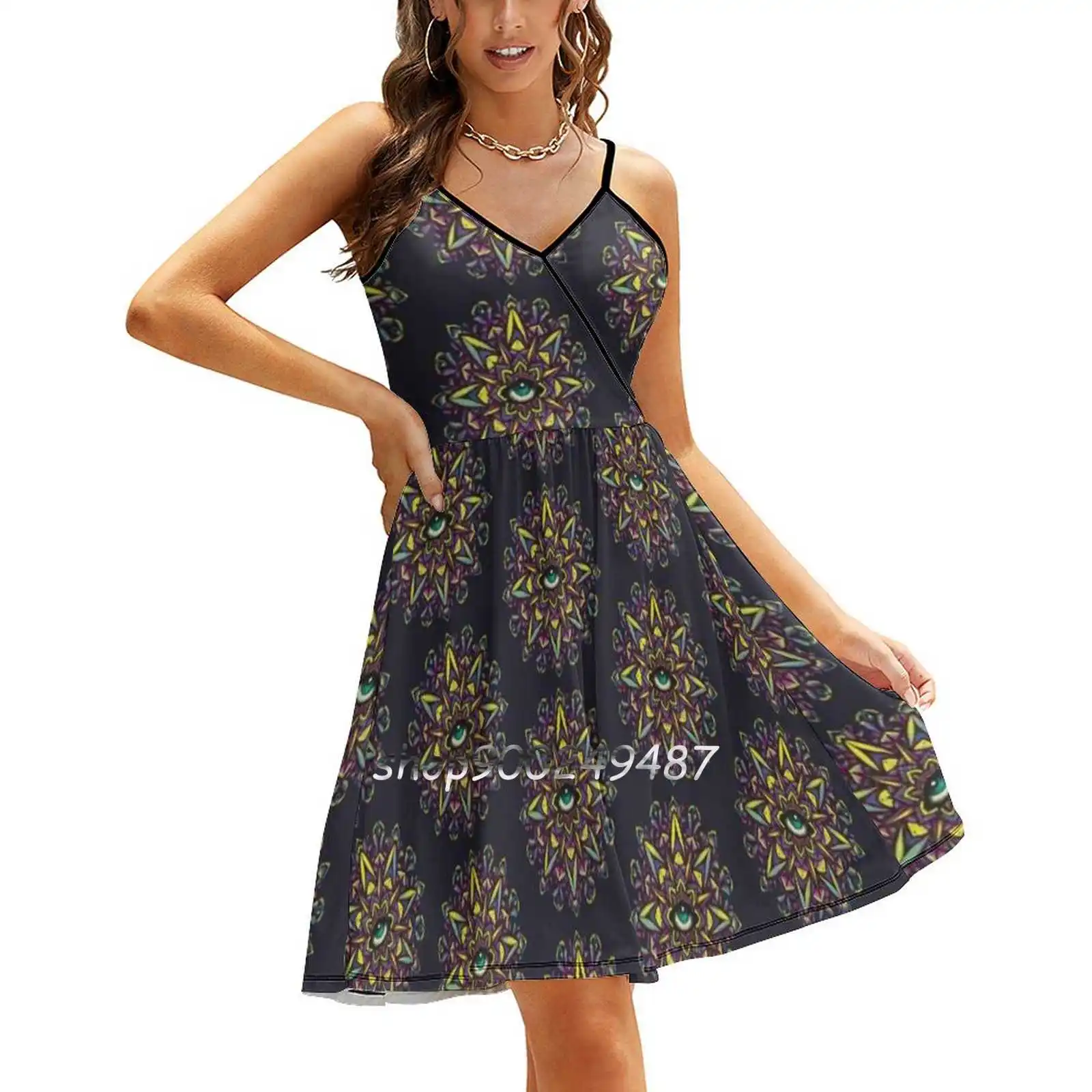 

Dharma Wheel Neon Mandala Sling Dress Women Summer Printing Condole Belt Dresses Sacred Geometry Occult Pointillism Stippling