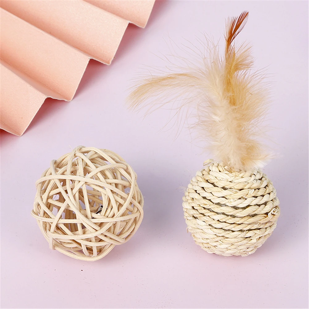 

Interactive Cat Feather Toy 2pcs/set Pet Rattan Ball Funny Faux Feather Cat Teaser Straw Bell Balls Kitten Playing Training Ball
