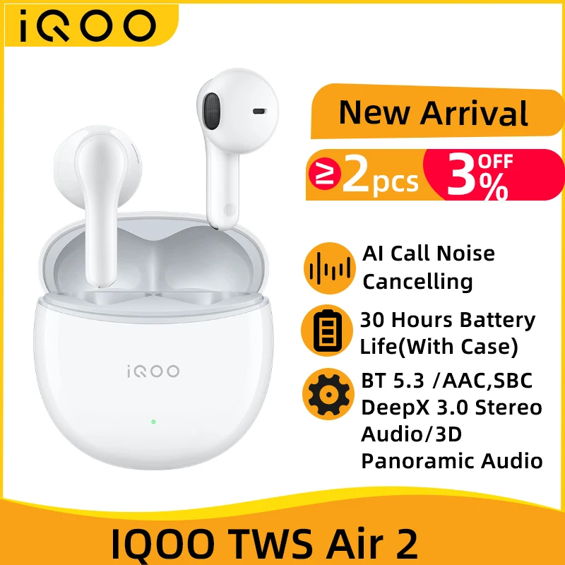 

VIVO IQOO TWS Air 2 TWS Earphone Bluetooth 5.3 AI Call Noise Cancelling True Wireless Headset 30 Hour Battery Life For IQOO 11S