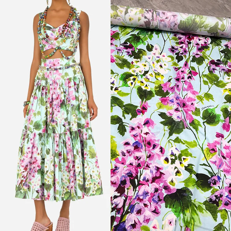 

22 New DG New Bellflower Purple Flowers Pattern Cotton Poplin Printed Fabric Clothing Skirt Fabric Designer Silk Tulle Cloth