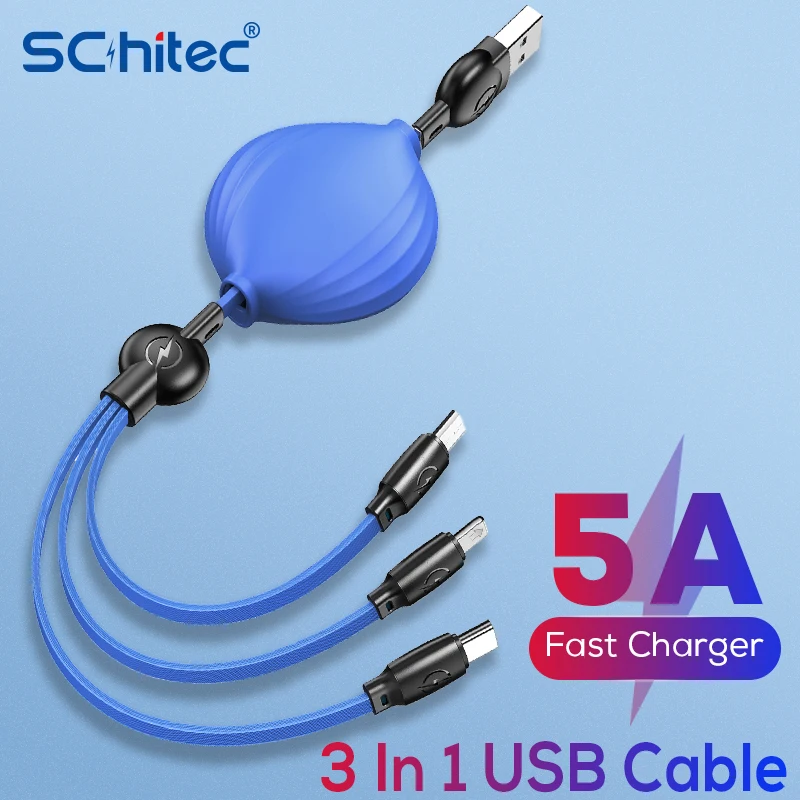 

5A Super Fast Charging Cable 3-In-1 For IOS/Micro USB/Type-C Charger Cable Wire For iPhone/Huawei/Android USB Adapter Data Cable