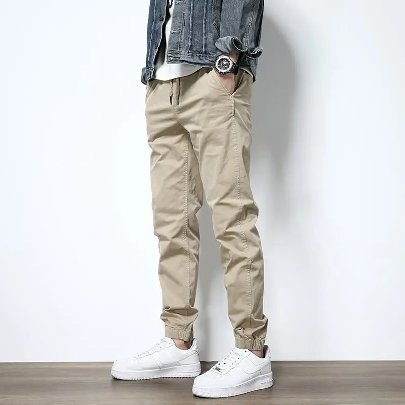 

2023 New Spring Autumn Men's Cotton Elastic Waist Pockets Pants Male Fashion Korean Slim Pants Men Solid Casual Trousers F129
