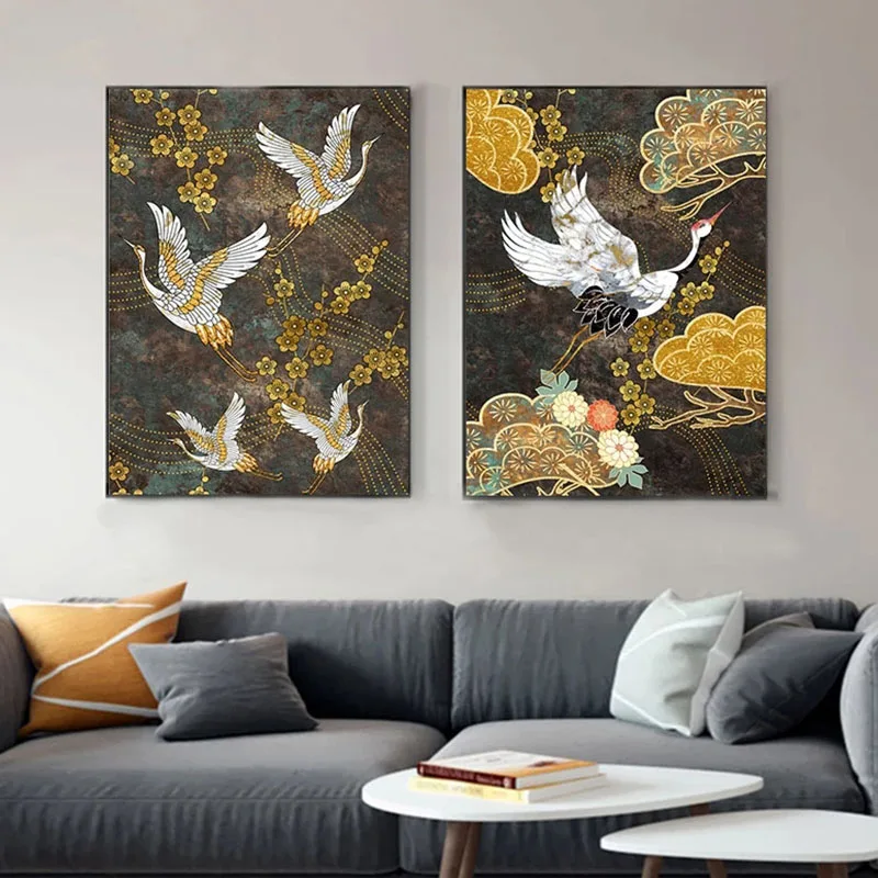 

Абстрактный декоративный постер на стену в китайском старинном стиле с изображением животных, золотых цветов, журавлей, эстетический декор...