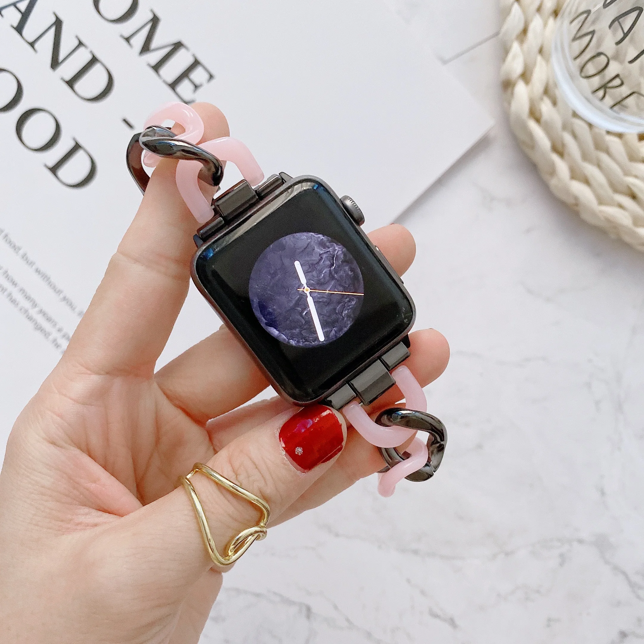 Resin Stainless Steel Bracelet for Apple Watch 8 7 6 5 4 3 2 1 SE Luxury Band for IWatch 40 44MM Watch Strap 38 42 41 45mm band