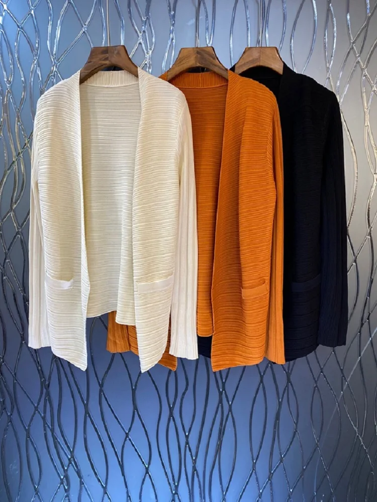 100%Wool Knitted Cardigan Coats 2022 Autumn Winter Knitwear Women Pocket Deco Long Sleeve Casual Orange Beige Black Cardigans