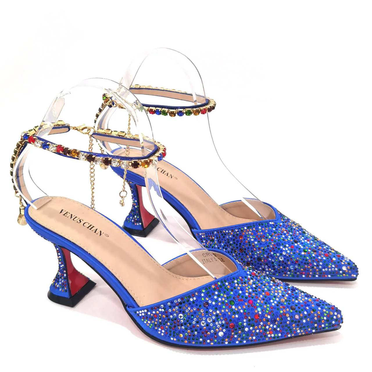 2023 Blue Color Popular Pointed Full Of Diamonds And Shiny Shoes With Bag Banquet Shoes And Bags And Friends Party