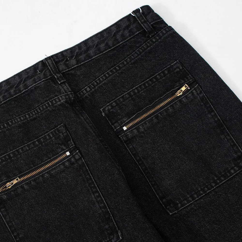 Zipper Multi-pocket Jeans Men's Ins Street Loose Straight Trousers Fashion Casual Wide-leg Denim Pants Oversized Retro Black
