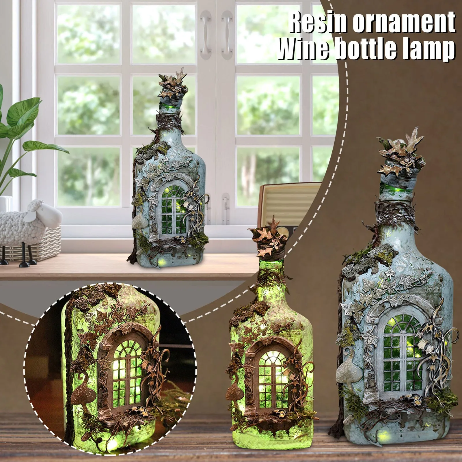 

Fairy Garden Statue Home Ornament Light Wine Bottle Shape Resin Lamp Magical Lawn Home Shelf Outdoor Decoration Garden Decor