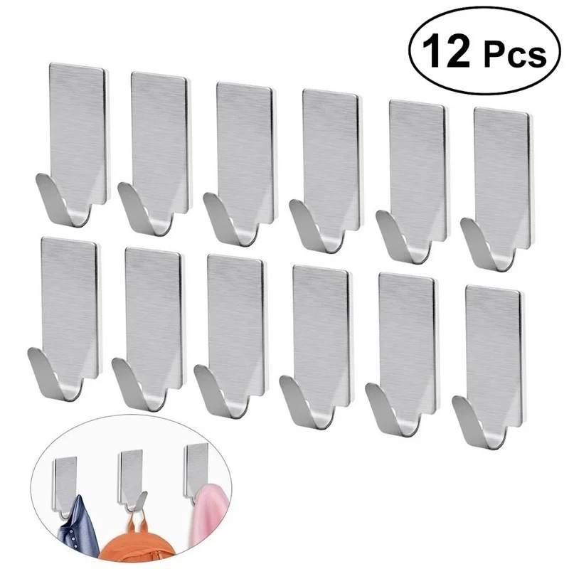 2023 12pcs Adhesive Stainless Steel Towel Hooks Family Robe Hanging Hooks Hats Bag Family Robe Hats Bag Key Adhesive Wall Hooks