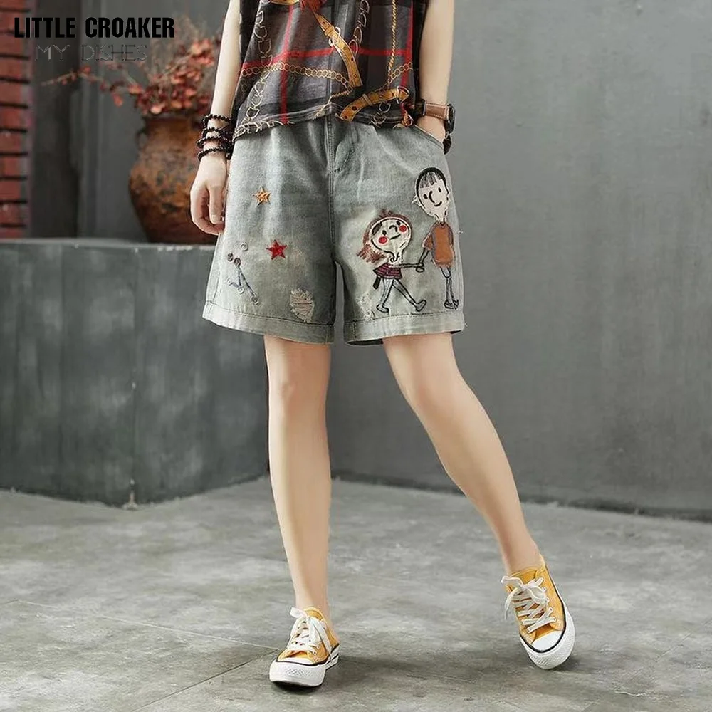 

Women Summer Kawaii Denim Shorts Korea Style Vintage Elastic Waist Cartoon Printed Embroidery Wide Leg Office Lady Plus Size