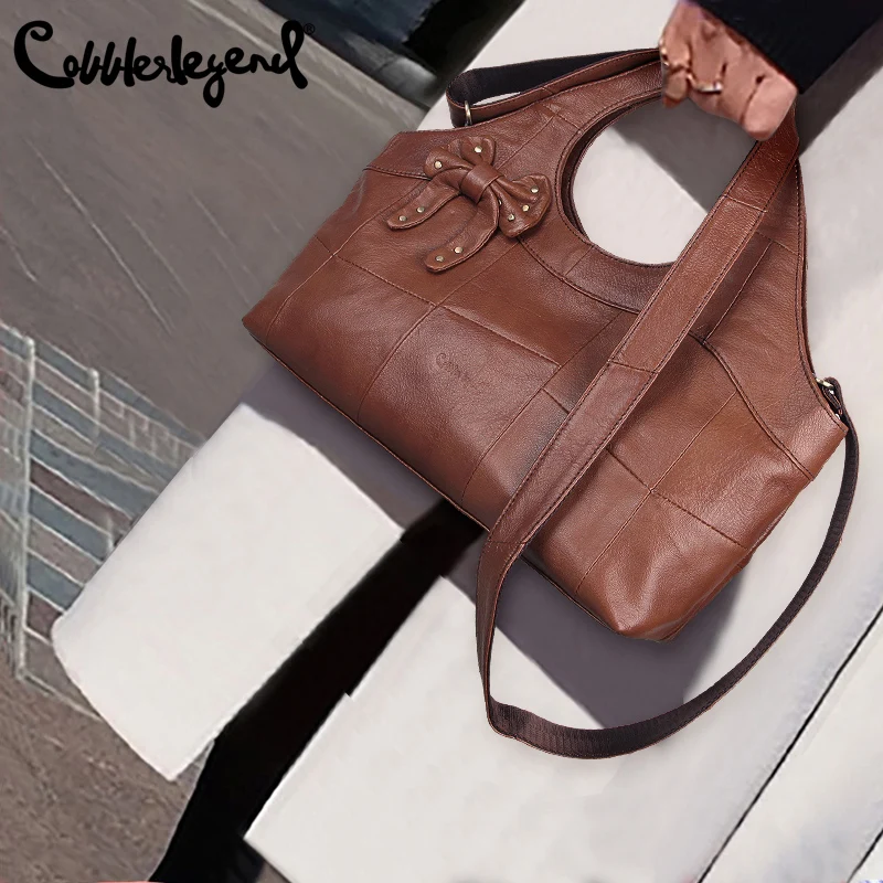 Cobbler Legend Handbags for Women Retro Large Capacity Tote Bag Bow Top Handbag Genuine Leather Shoulder Travel Bags1210