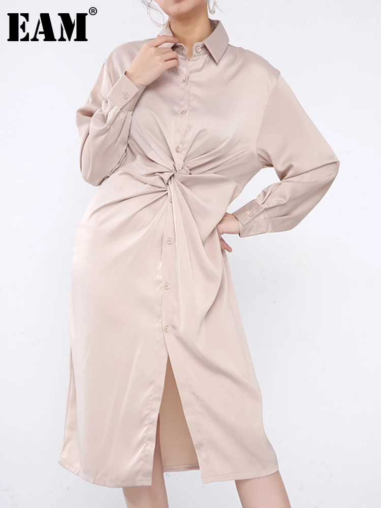 

[EAM] женское атласное короткое платье абрикосового цвета с узлом, для праздника, новинка, с отворотом, с длинным рукавом, свободный крой, весн...