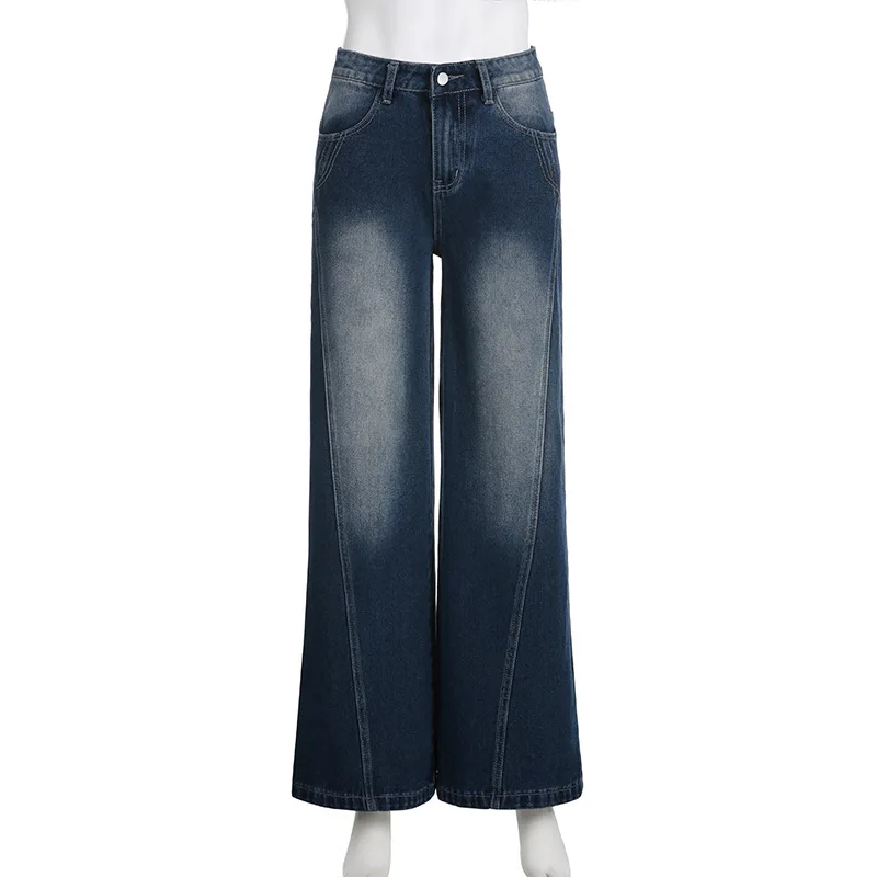 Streetwear Wide Leg Baggy Jeans Woman Low Waisted Street Jean Trousers Women Washed Stitch Vintage Cargo Pants Denim