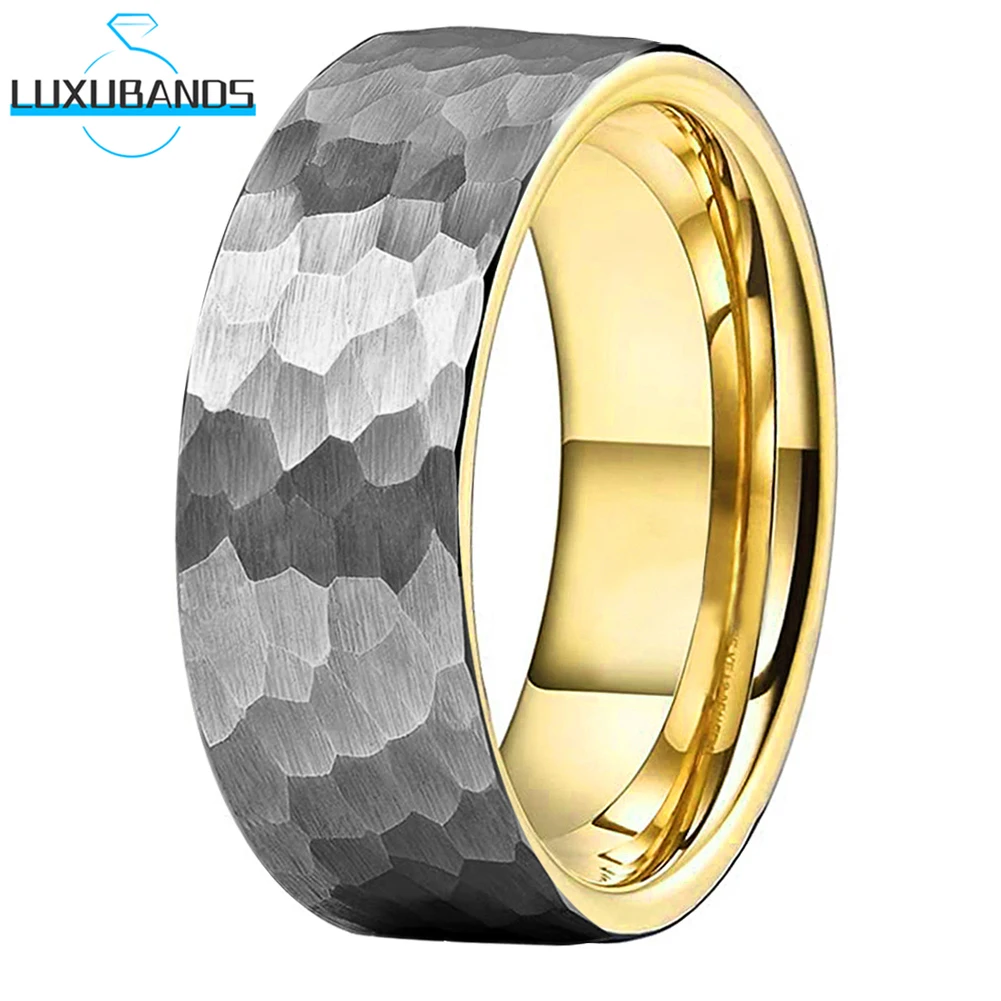 

8mm 6mm Tungsten Wedding Rings For Womens Mens Hammered Flat Gold Rose Engagement Brushed Finish In Stock Comfort Fit