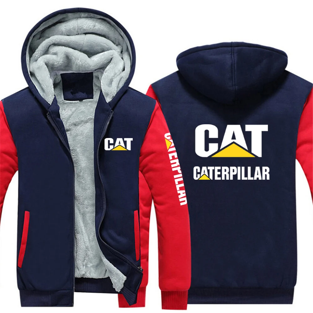 

New Winter Fashion CAT Caterpillar Logo Print Hooded Patchwork Thicken Hoodies Zipper Jacket Warm Popular Man Sportswear Coat