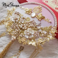 niushuya chinese classical bridal round fan wedding bouquets 3d flower pearl beaded hand accessories tassel bouquet