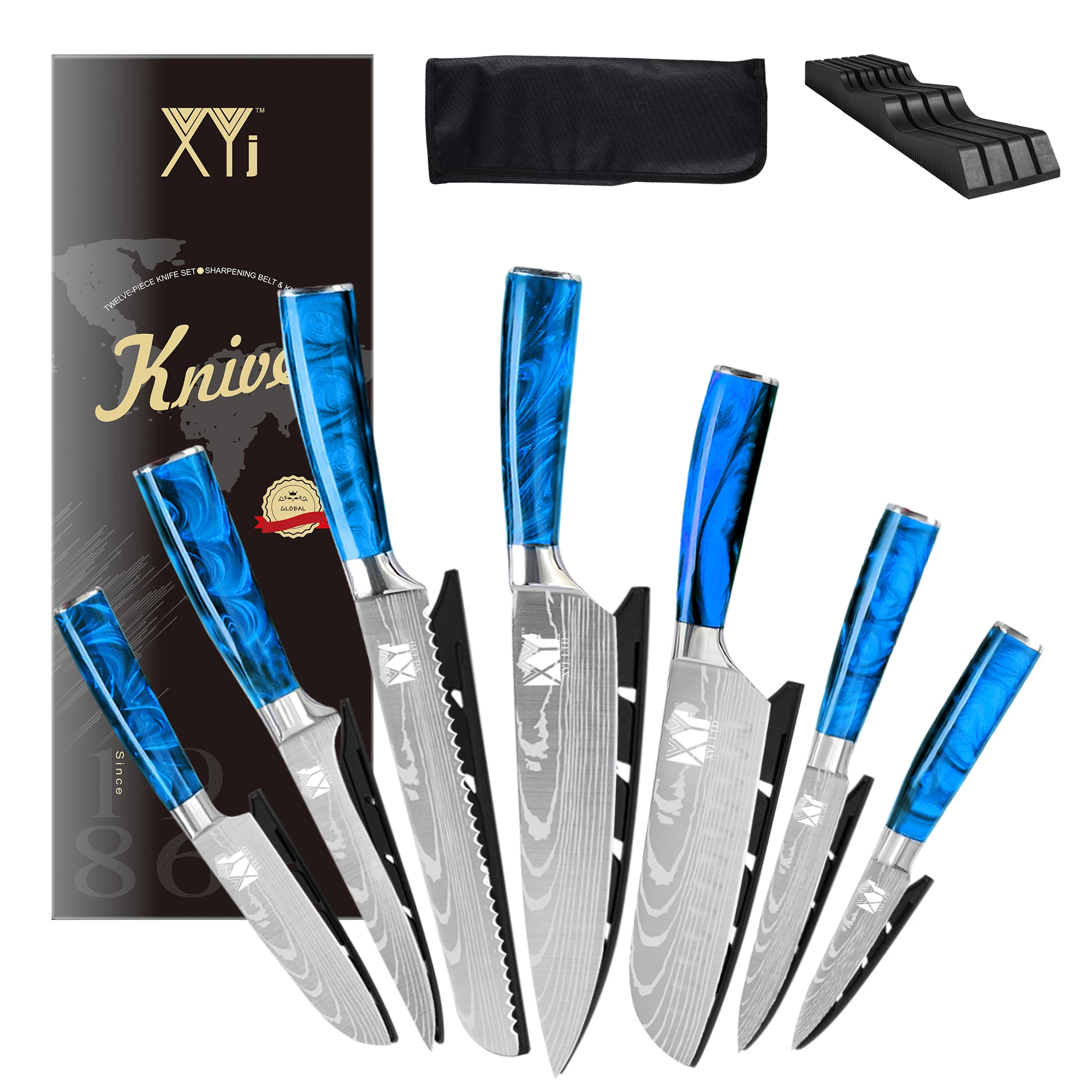 XYJ 7pcs Kitchen Knife Set Blue Resin Handle Laser Damascus Pattern Stainless Steel Kitchen Knives Drawer Holder Knife Bag