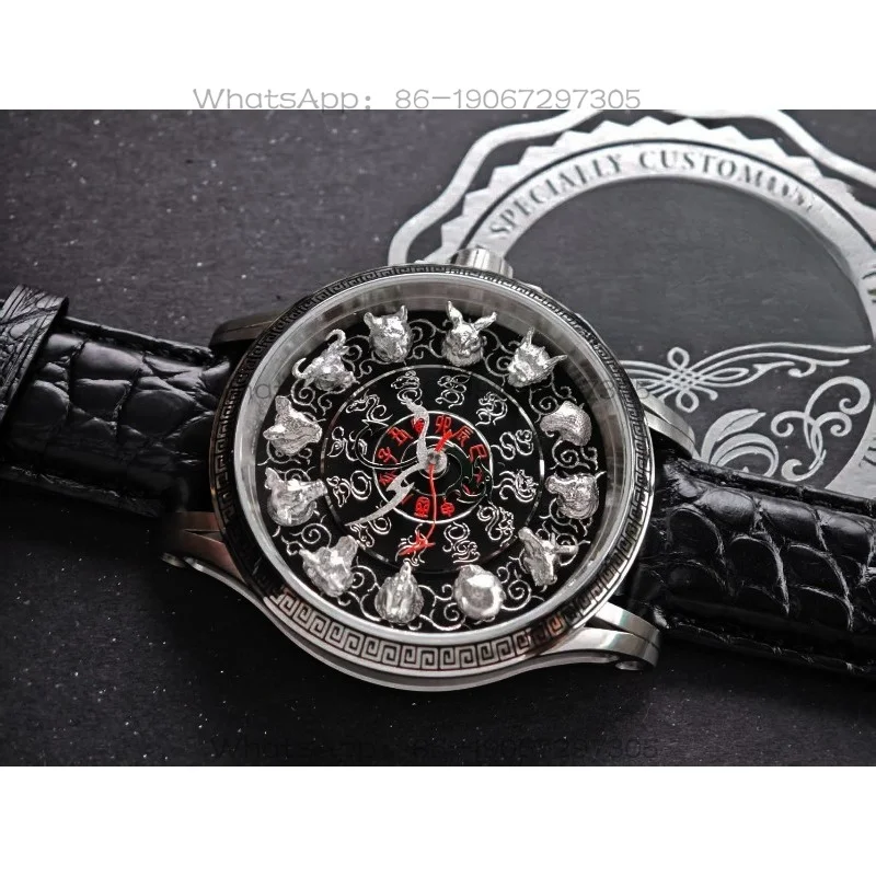 Фото Часы Hanfeng Retro Zodiac с микрогравировкой, головой зверя, из стерлингового серебра, с автоматическим механическим механизмом №2