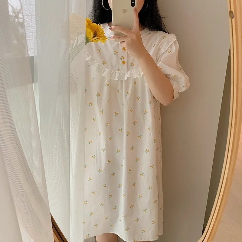 

2022 Summer Women's Kawaii Pajamas Nightdress Cotton Floral O-neck Thin Night Gown Homewear Vestidos Women Sleepwear Maxi Dress