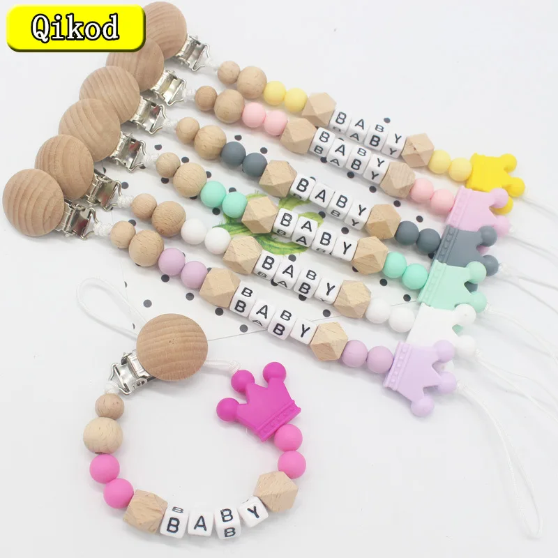 

1Pcs Baby Silicone Pacifier Chain Cartoon Alphabet Silicone Beads Crown Wooden Pacifier Clip Chain Baby Feeding Best Gifts