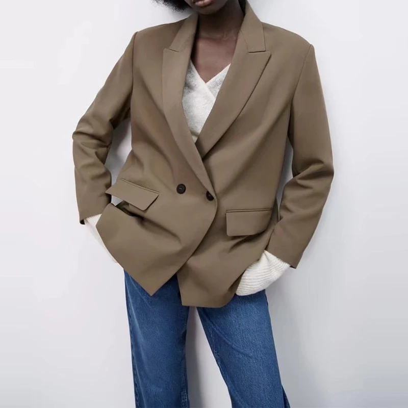 

Женский винтажный двубортный Блейзер, однотонный свободный двубортный пиджак с длинным рукавом, весна 2022