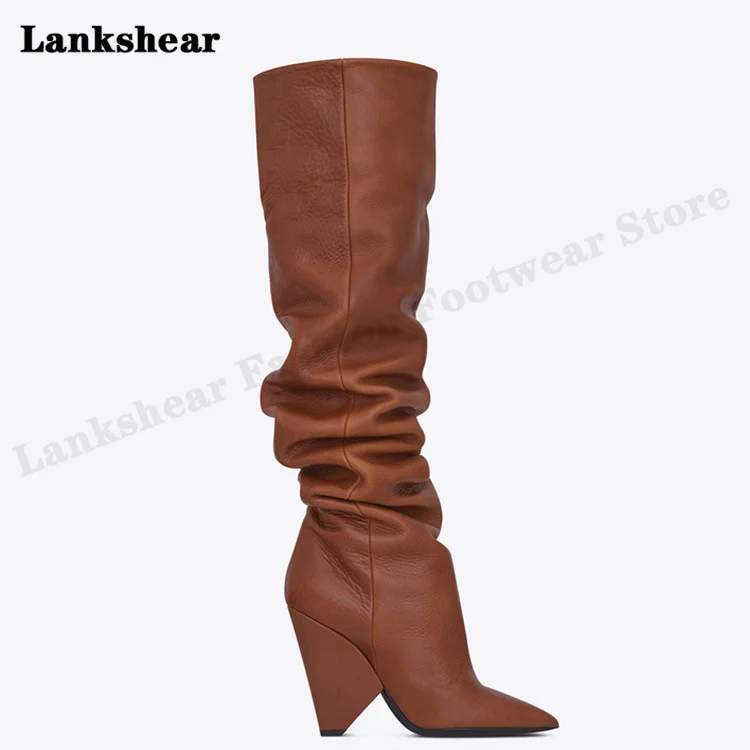 Long Tube Shaped Heel Pointed Toe Boots Horse Oil Leather Women's Shoes with Folds Car Stitching Flanging Elastic Boots Size 45