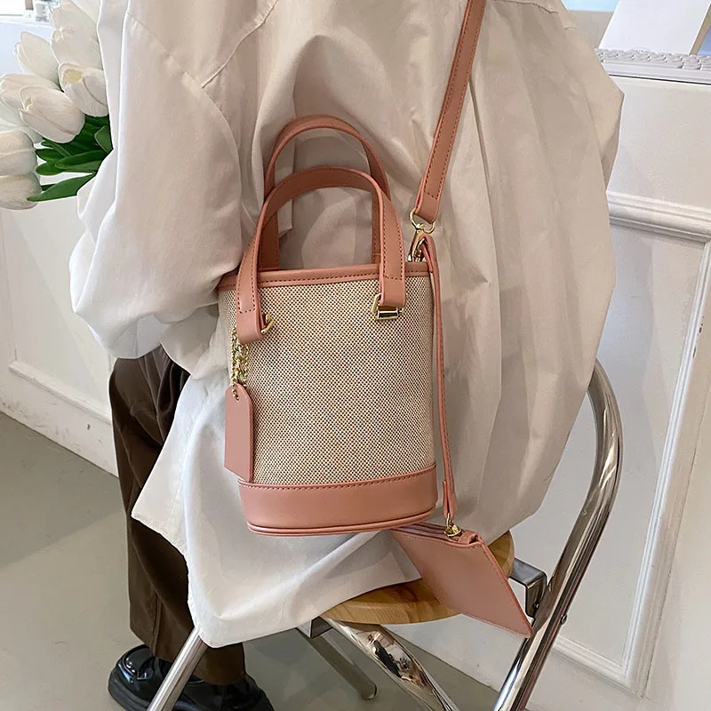 Contrast Canvas Leather Panel Shoulder Bags Simple Fashion Cylindrical Handbag New Portable Bucket Crossbody Bag Purse Storage