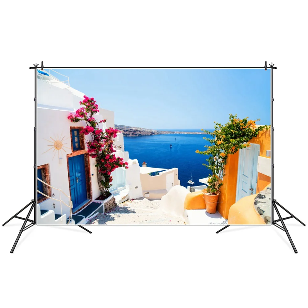 

Seaside Hill Town Floral House Stairs Scenery Photography Backgrounds Custom Blue Bay Holiday Party Decoration Photo Backdrops