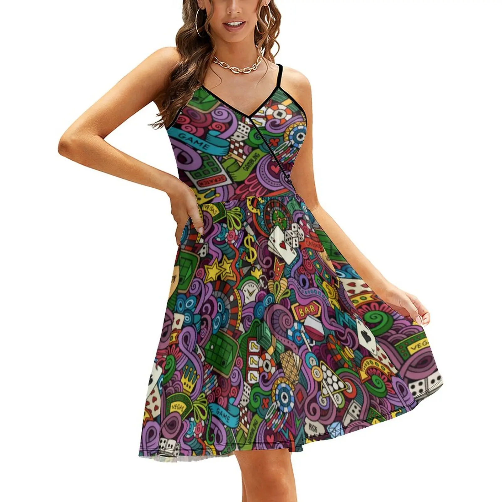 

Casino Pop Art Dress Playing Cards Print Aesthetic Casual Dress Spring Pattern Dresses Strap Elegant Vestidos Big Size 2XL